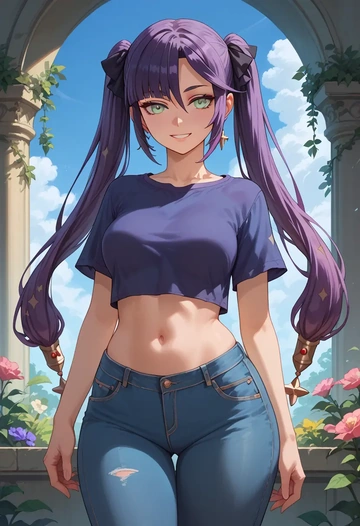 genshin impact,mona_(genshin_impact),crop top  - AI generated anime art