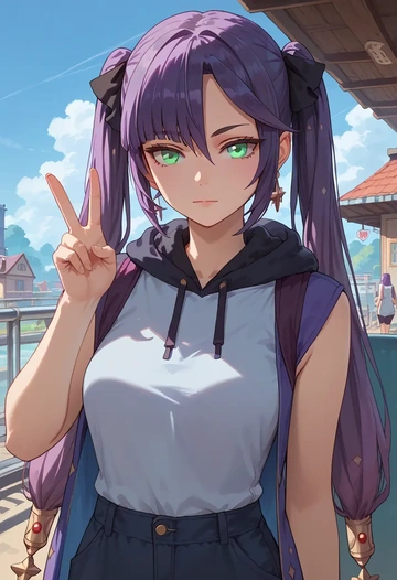 genshin impact,mona_(genshin_impact),sleeveless hoodie,biker shorts  - AI generated anime art