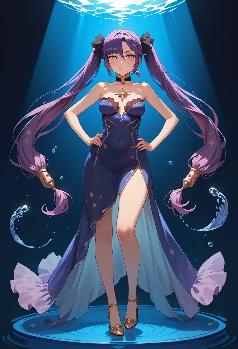 genshin impact,mona_(genshin_impact),gown,strapless,mermaid silhouette  - 