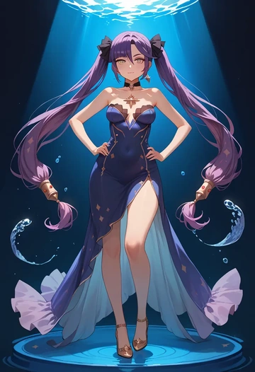 genshin impact,mona_(genshin_impact),gown,strapless,mermaid silhouette  - AI generated anime art