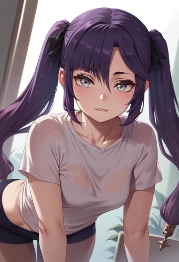 genshin impact,mona_(genshin_impact),running shirt,shorts,sneakers  - AI generated anime art