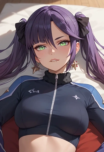 genshin impact,mona_(genshin_impact),athletic,track suit  - AI generated anime art