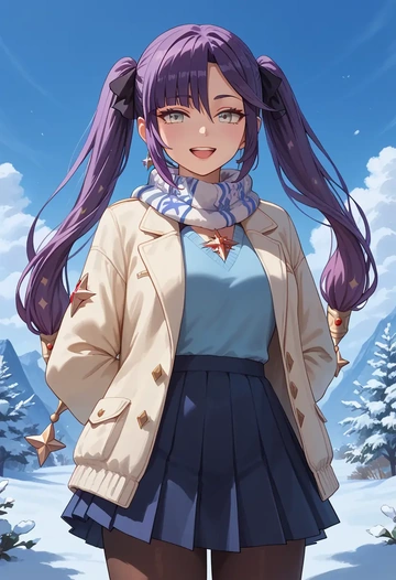 genshin impact,mona_(genshin_impact),winter,student uniform,puffer jacket  - AI generated anime art