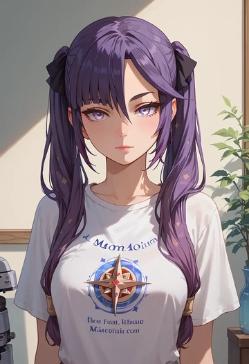 genshin impact,mona_(genshin_impact),handwritten script shirt,dolphin shorts  - AI generated anime art