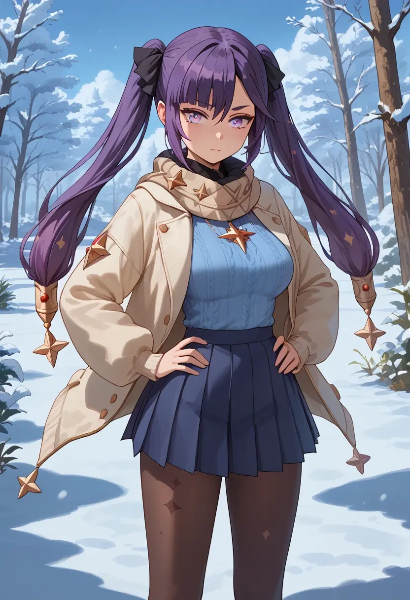 genshin impact,mona_(genshin_impact),winter,student uniform,puffer jacket  - 