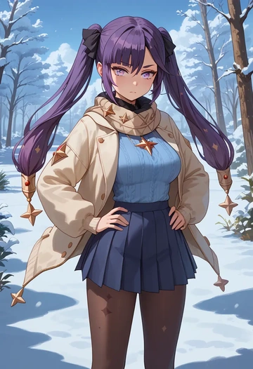 genshin impact,mona_(genshin_impact),winter,student uniform,puffer jacket  - AI generated anime art