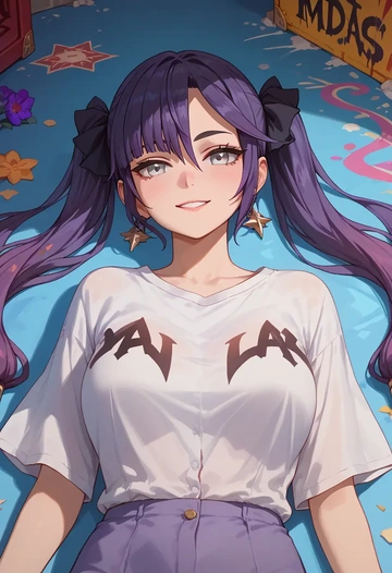 genshin impact,mona_(genshin_impact),oversized graffiti shirt,dolphin shorts  - AI generated anime art