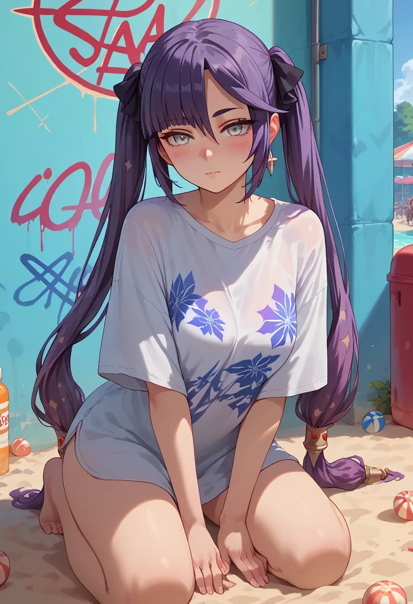 genshin impact,mona_(genshin_impact),oversized graffiti shirt,dolphin shorts  - 