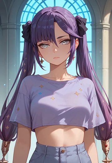 genshin impact,mona_(genshin_impact),crop top,loose joggers,headset  - AI generated anime art