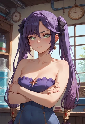 genshin impact,mona_(genshin_impact),tube top,jogger shorts  - AI generated anime art