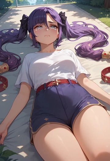 genshin impact,mona_(genshin_impact),jogger shorts,oversized tank  - AI generated anime art