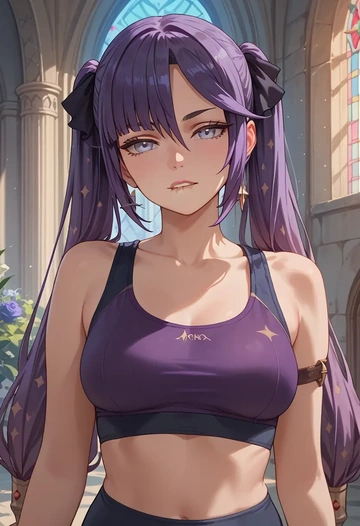 genshin impact,mona_(genshin_impact),sports bra,wide-leg joggers  - AI generated anime art