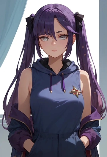 genshin impact,mona_(genshin_impact),sleeveless hoodie,biker shorts  - AI generated anime art