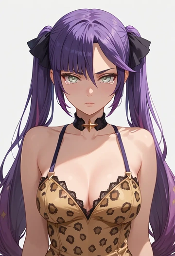 genshin impact,mona_(genshin_impact),leopard print,silk slip dress  - AI generated anime art