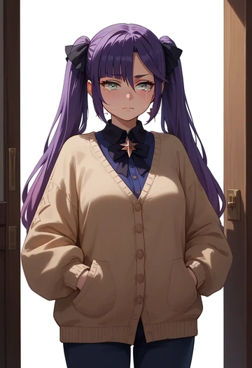 genshin impact,mona_(genshin_impact),cardigan,oversized,wide-leg pants  - AI generated anime art