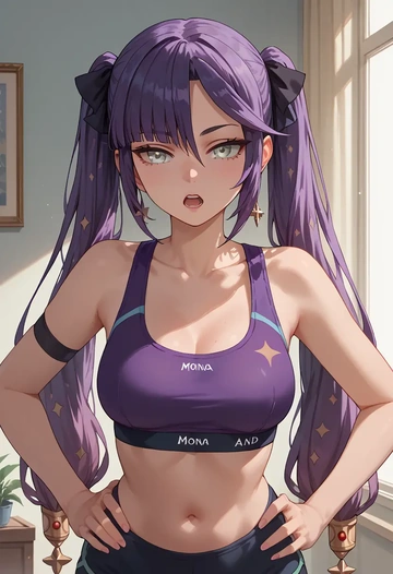 genshin impact,mona_(genshin_impact),sports bra,wide-leg joggers  - AI generated anime art