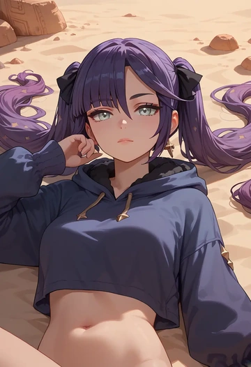 genshin impact,mona_(genshin_impact),crop hoodie,shorts  - AI generated anime art