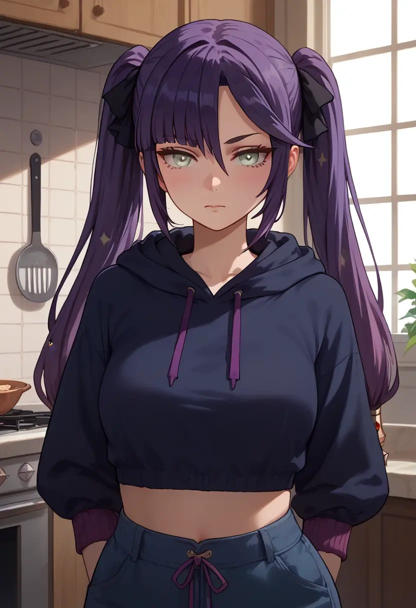 genshin impact,mona_(genshin_impact),hoodie,cropped,high-waisted joggers  - 