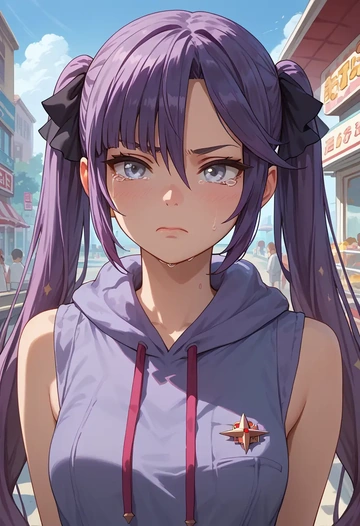 genshin impact,mona_(genshin_impact),sleeveless hoodie,biker shorts  - AI generated anime art