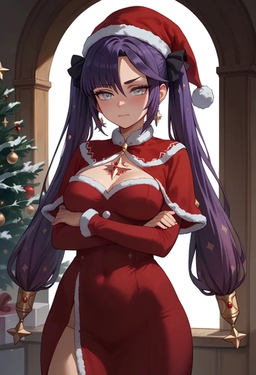 genshin impact,mona_(genshin_impact),Christmas,red velvet dress  - AI generated anime art