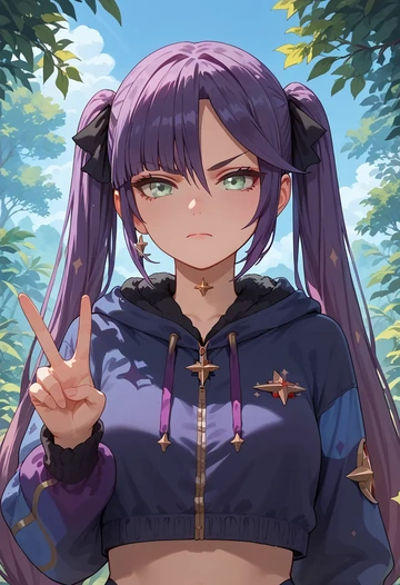 genshin impact,mona_(genshin_impact),crop hoodie,shorts  - AI generated anime art