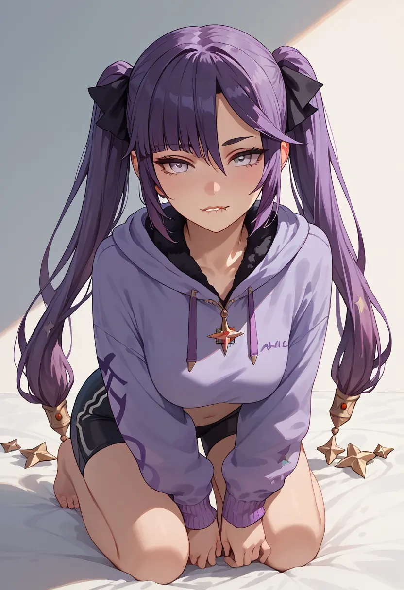 genshin impact,mona_(genshin_impact),crop hoodie,shorts  - 