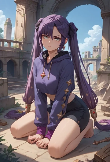 genshin impact,mona_(genshin_impact),crop hoodie,shorts  - AI generated anime art