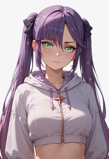 genshin impact,mona_(genshin_impact),crop hoodie,shorts  - AI generated anime art