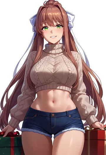 doki_doki_literature_club,monika_(doki_doki_literature_club),Christmas,red velvet shorts,turtleneck sweater  - AI generated anime art