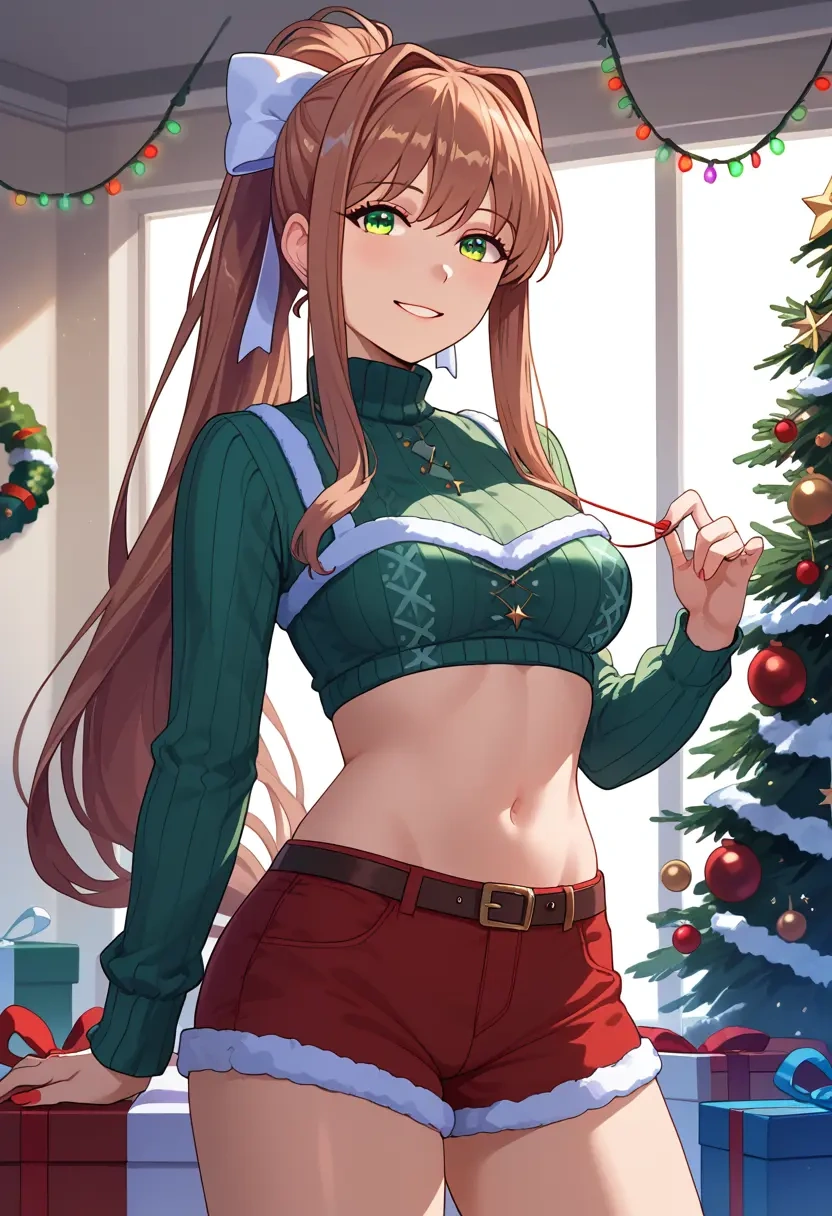 doki_doki_literature_club,monika_(doki_doki_literature_club),Christmas,red velvet shorts  - 