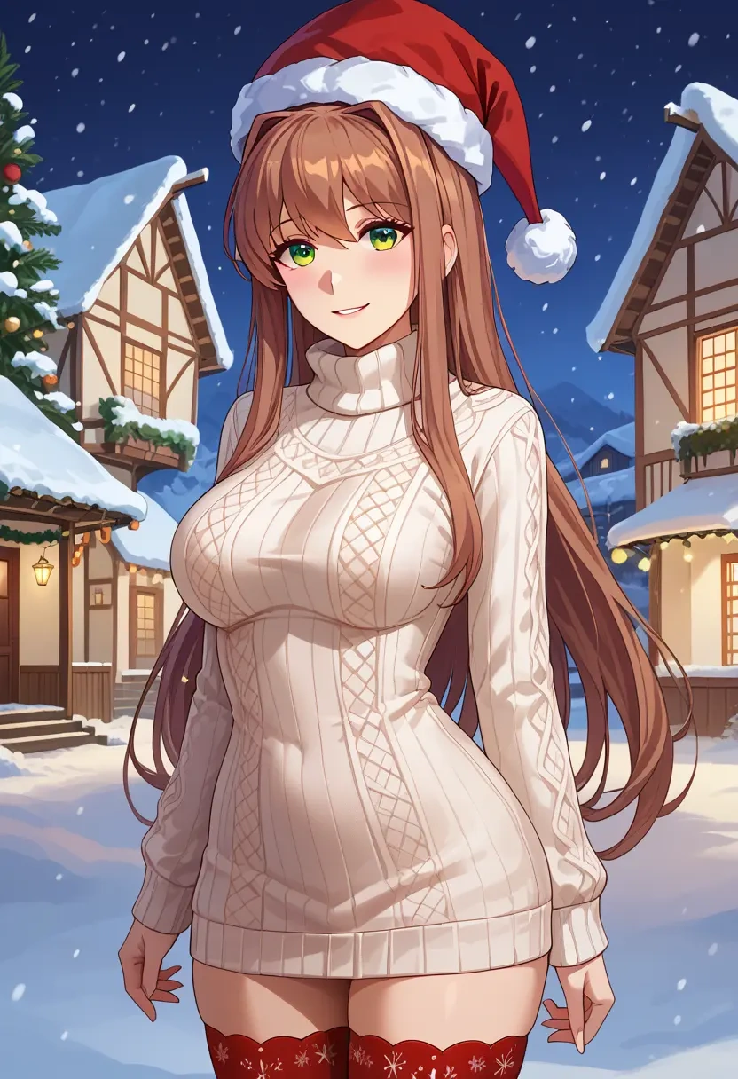 doki_doki_literature_club,monika_(doki_doki_literature_club),Christmas,sweater dress,stockings  - 