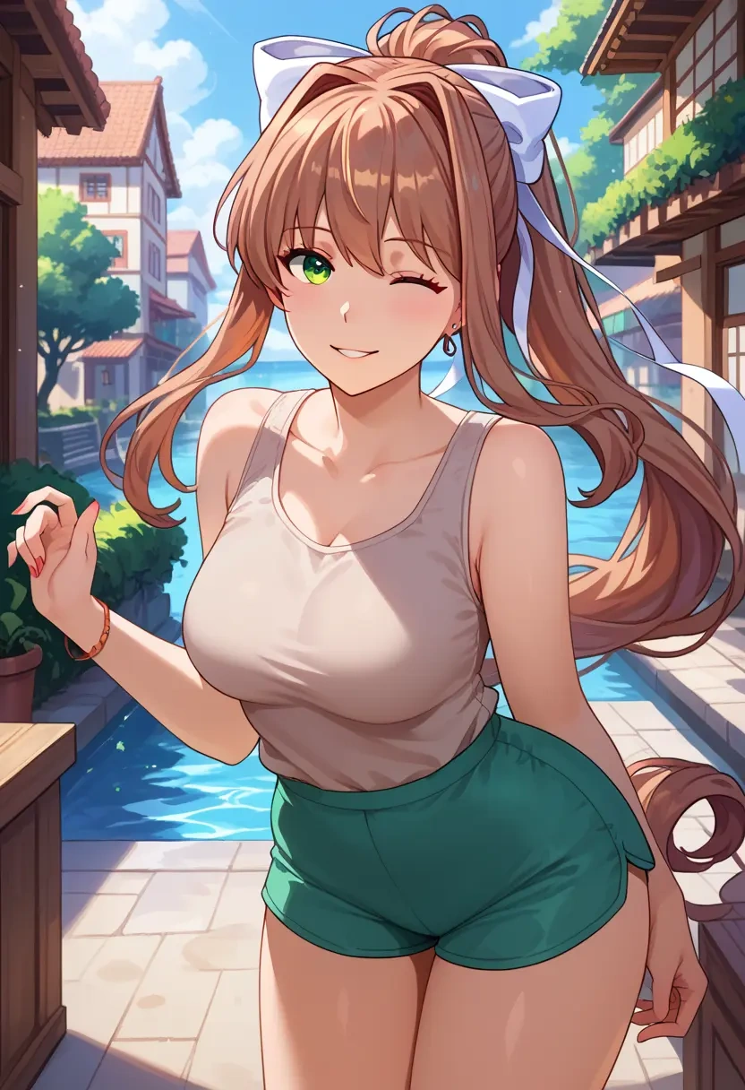 doki_doki_literature_club,monika_(doki_doki_literature_club),sleeveless swim top,shorts-style bottom,contrast stitching  - 