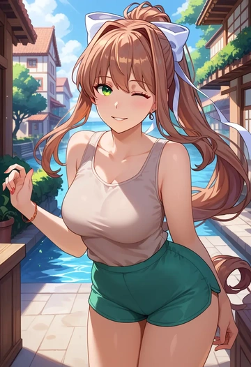 doki_doki_literature_club,monika_(doki_doki_literature_club),sleeveless swim top,shorts-style bottom,contrast stitching  - AI generated anime art