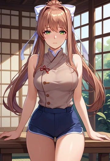 doki_doki_literature_club,monika_(doki_doki_literature_club),sleeveless swim top,shorts-style bottom,contrast stitching  - AI generated anime art