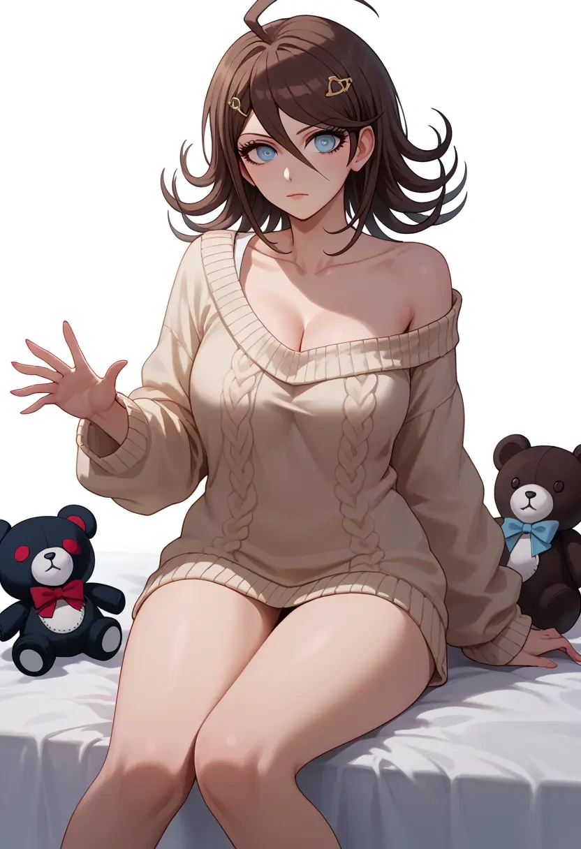 danganronpa_(series),monokuma,cross-legged,off-shoulder,sweater,stockings  - 