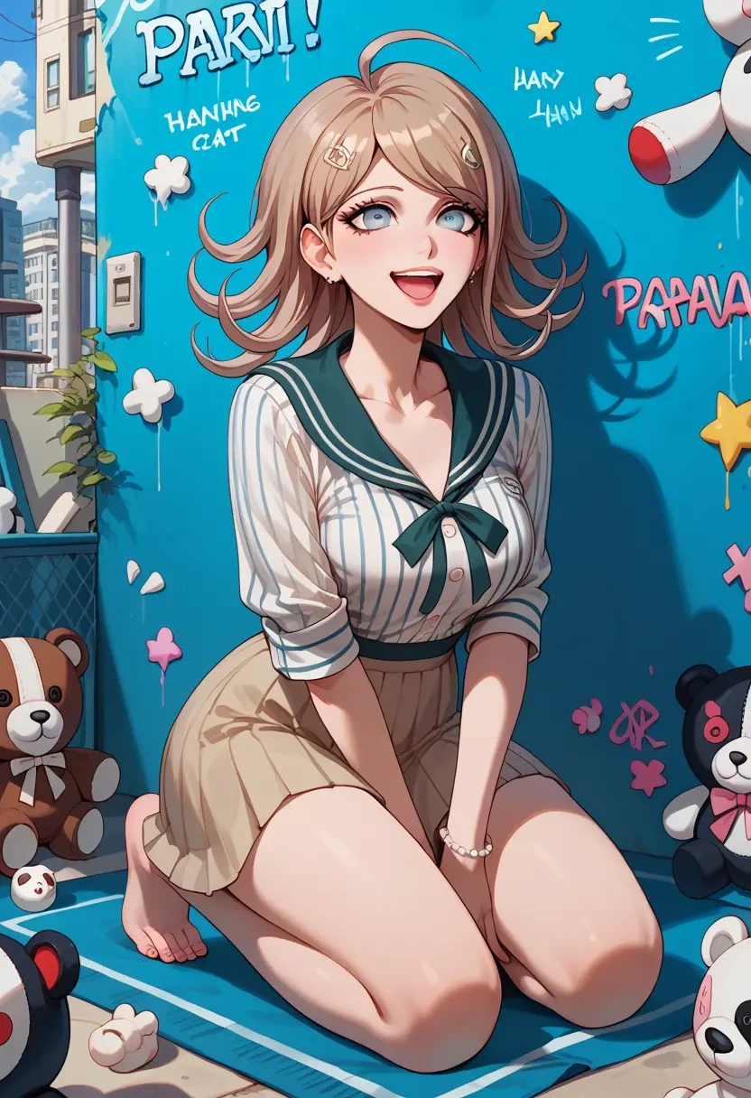 danganronpa_(series),monokuma,striped graffiti blouse,dolphin shorts  - 