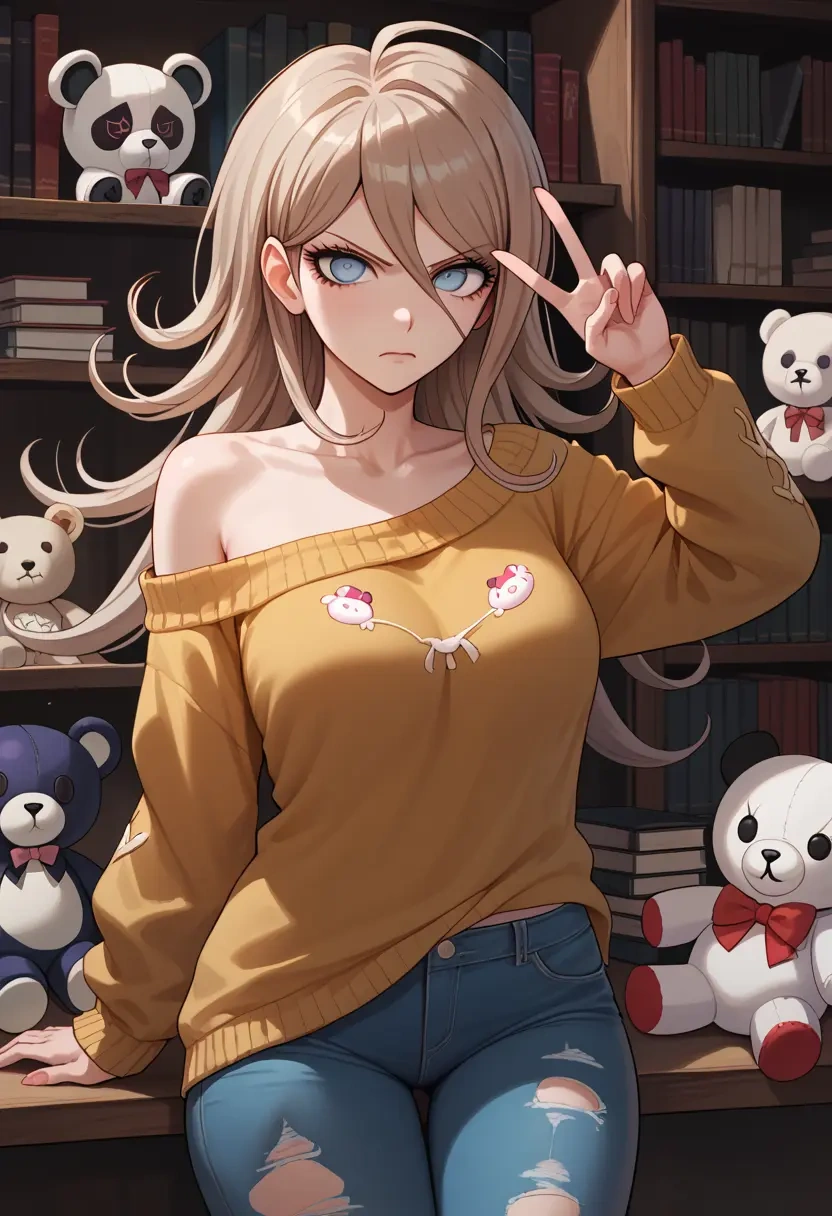 danganronpa_(series),monokuma,sweater,off-shoulder,ripped jeans  - 