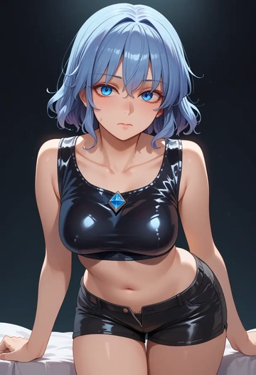 touhou,mononobe_no_futo,leather,shorts,crop top  - AI generated anime art