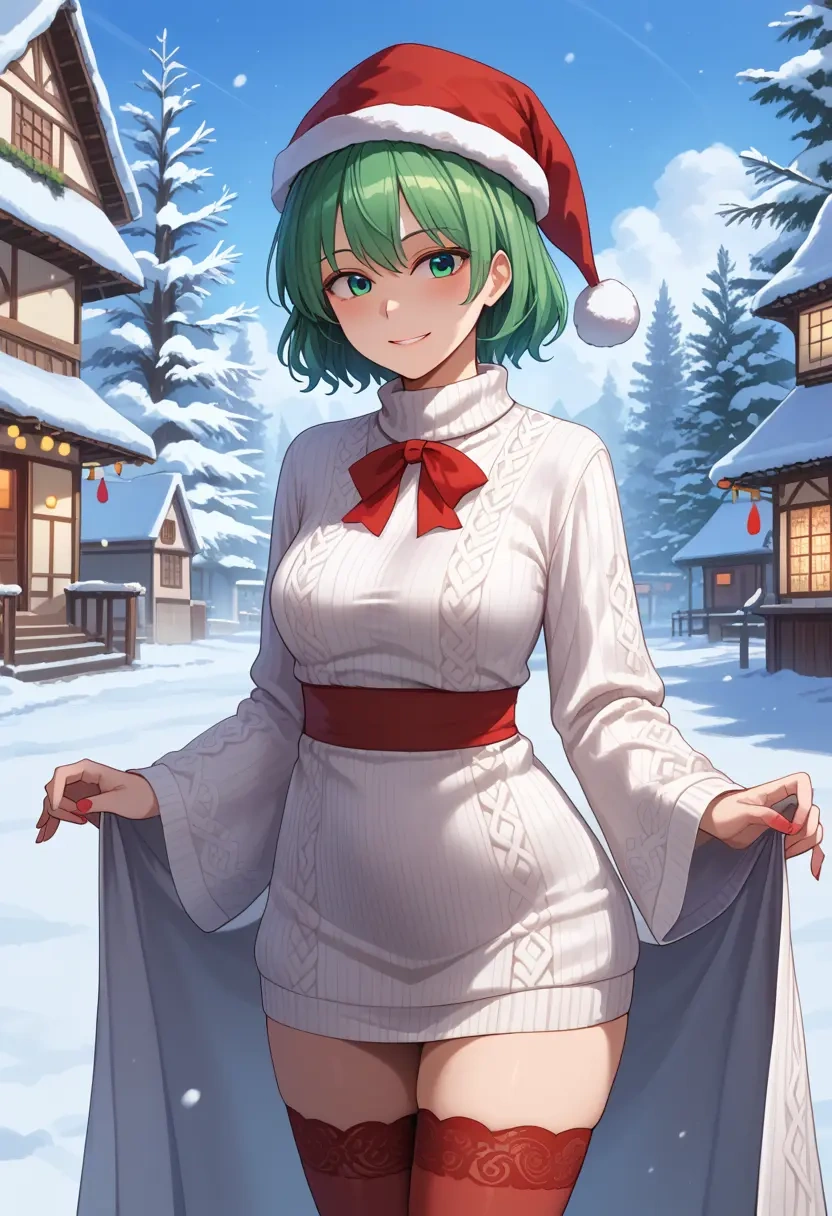 touhou,mononobe_no_futo,Christmas,sweater dress,stockings  - 