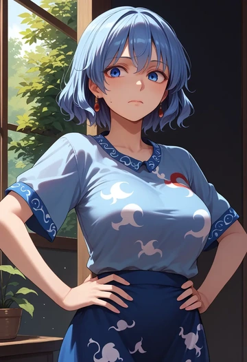 touhou,mononobe_no_futo,pop art shirt,dolphin shorts  - AI generated anime art