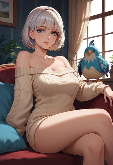 monster_hunter_(series),monster_hunter_(character),off-shoulder,sweater  - AI generated anime art