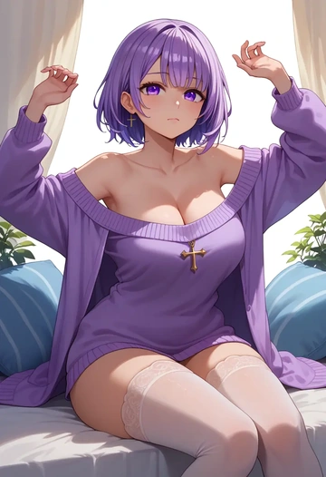 hololive,moona_hoshinova,cross-legged,off-shoulder,sweater,stockings  - AI generated anime art