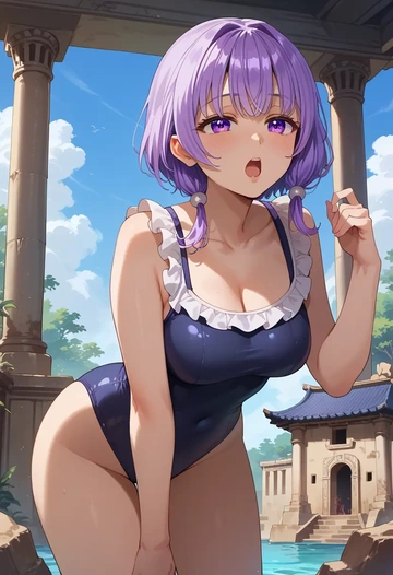 hololive,moona_hoshinova,retro style swimsuit,frilled neckline,bow detail  - AI generated anime art