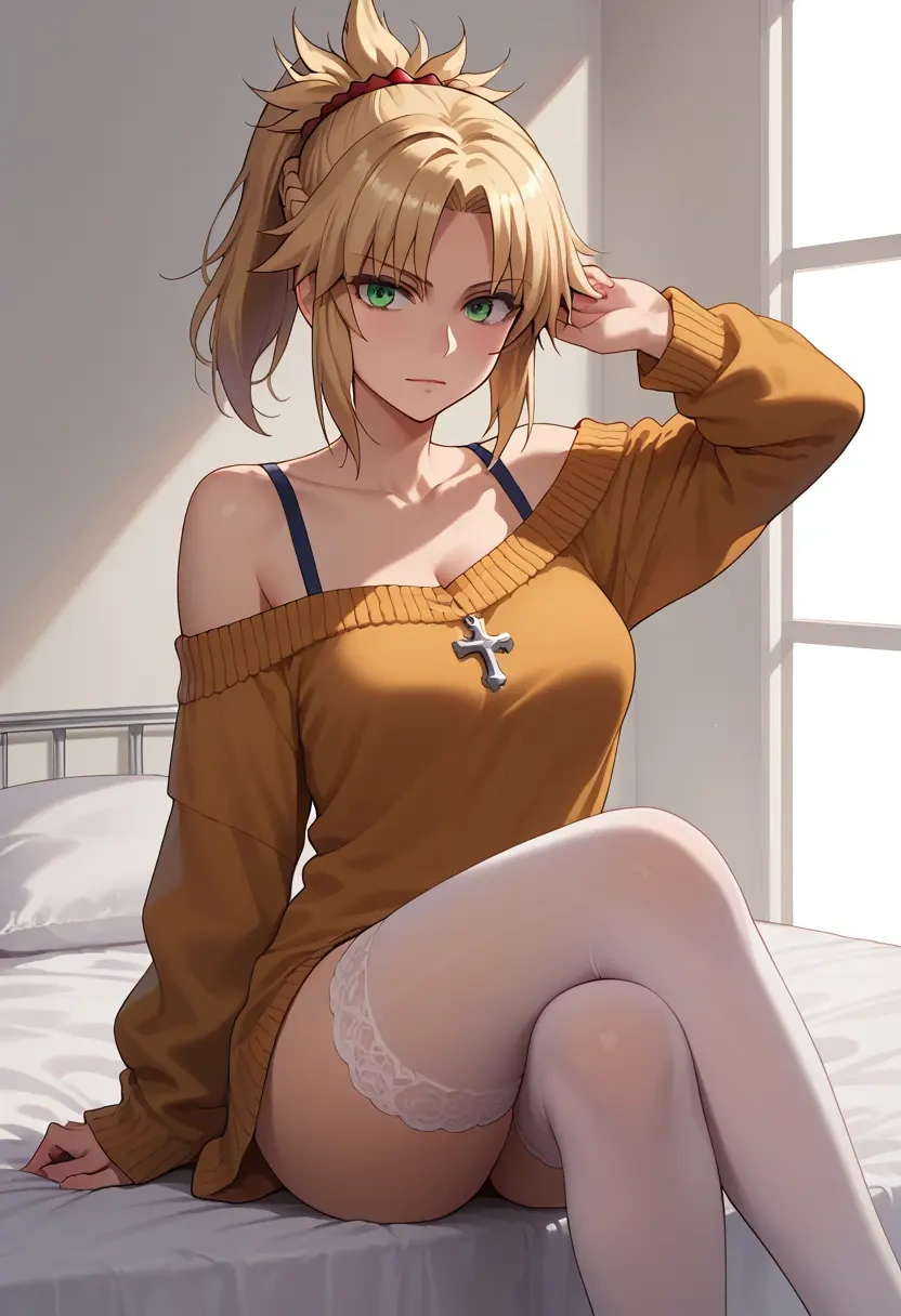 fate_(series),mordred_(fate),cross-legged,off-shoulder,sweater,stockings  - 