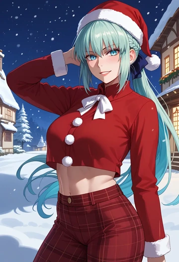 fate_(series),morgan_le_fay_(fate),Christmas,plaid trousers  - AI generated anime art