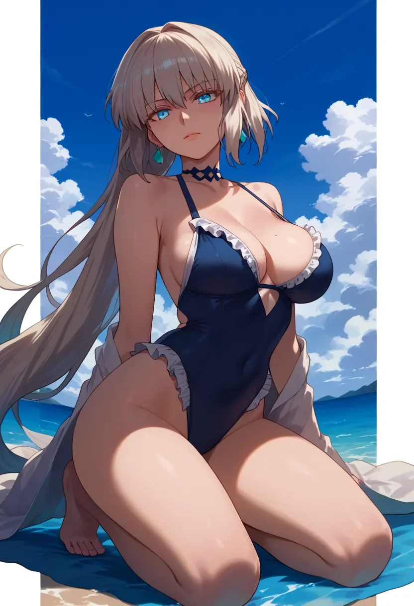 fate_(series),morgan_le_fay_(fate),retro style swimsuit,frilled neckline,bow detail  - 