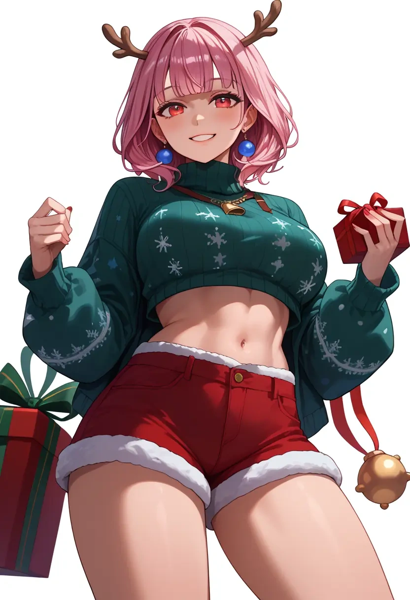 hololive,mori_calliope,Christmas,red velvet shorts,turtleneck sweater  - 