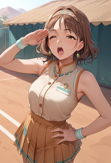 idolmaster,morikubo_nono,tennis dress,visor,trainers  - AI generated anime art