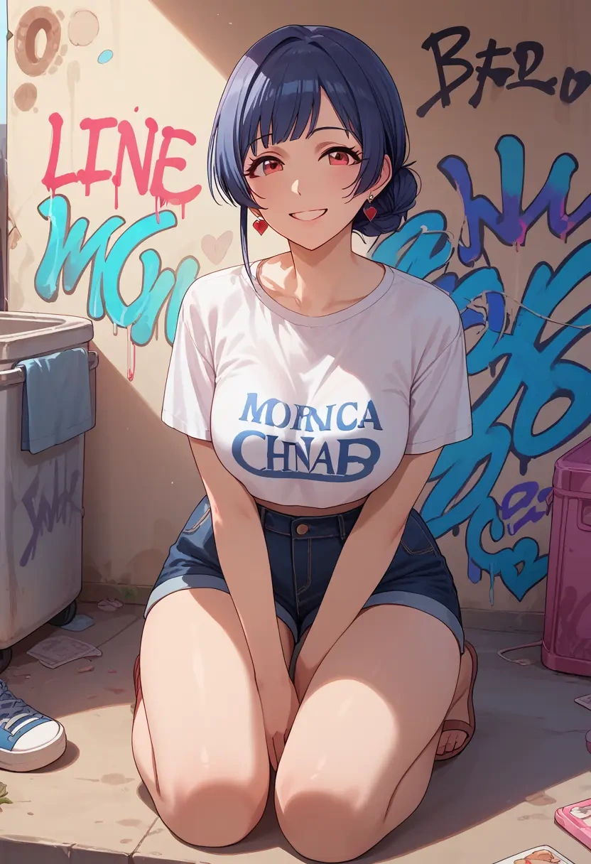 idolmaster,morino_rinze,crop graffiti tee,dolphin shorts  - 