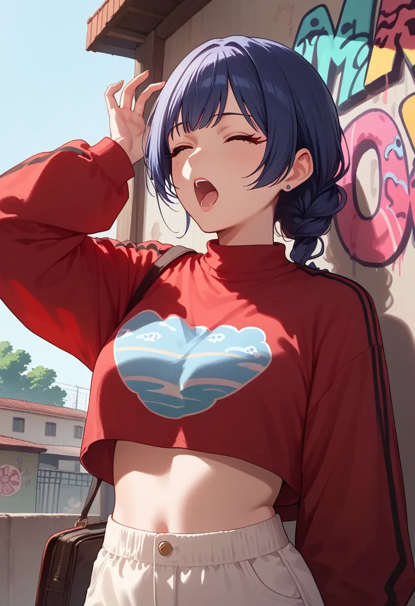 idolmaster,morino_rinze,cropped graffiti sweatshirt,dolphin shorts  - 